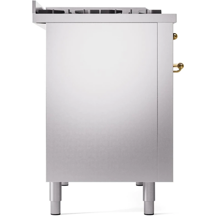 ILVE Nostalgie II 48 In. Dual Fuel Natural Gas Freestanding Range in Stainless Steel with Brass Trim UP48FNMP-SSG