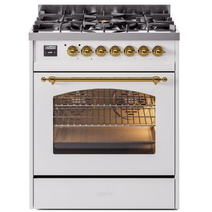 ILVE Nostalgie II 30 In. Dual Fuel Natural Gas Freestanding Range in White with Brass Trim UP30NMP-WHG