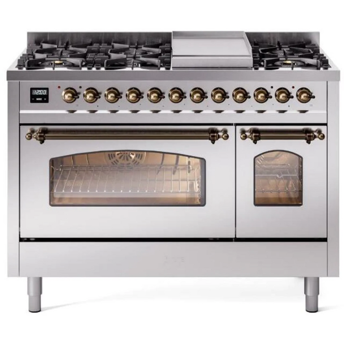 ILVE Nostalgie II 48 In. Dual Fuel Natural Gas Freestanding Range in Stainless Steel with Brass Trim UP48FNMP-SSG